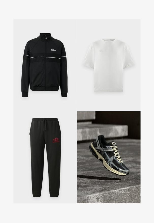 Chaqueta negra con cremallera en una tela suave, con franjas horizontales blancas y un logo en el pecho. Diseño deportivo clásico con cuello alto.; Camiseta de algodón blanca con mangas cortas, cuello redondo y un logo sutil impreso en gris claro en el pecho; textura suave y corte relajado.; Pantalones de chándal negros con cintura y puños elásticos, bolsillos laterales y logo rojo de Umbro en el muslo izquierdo.; Zapatilla de correr Nike en negro y gris con cordones color crema flotando sobre una superficie de hormigón texturizado.