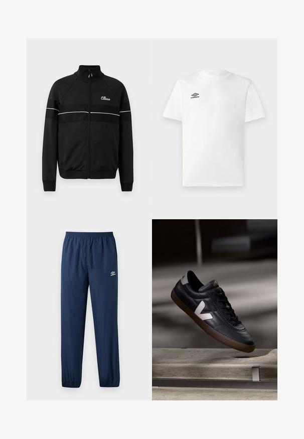 Veste noire zippée en tissu lisse, avec des rayures horizontales blanches et un logo sur la poitrine. Design sportif classique avec col montant.; T-shirt blanc à manches courtes avec logo Umbro noir sur la poitrine gauche, col rond, design uni, présenté sur un fond clair.; Pantalons de jogging Umbro bleu marine avec taille élastique et pattes de cheville, poches latérales et logo Umbro sur la cuisse gauche.; Baskets en cuir noir avec logo V blanc, avant lacé, détails perforés et semelle en caoutchouc brun; design épuré avec peu d'accents.