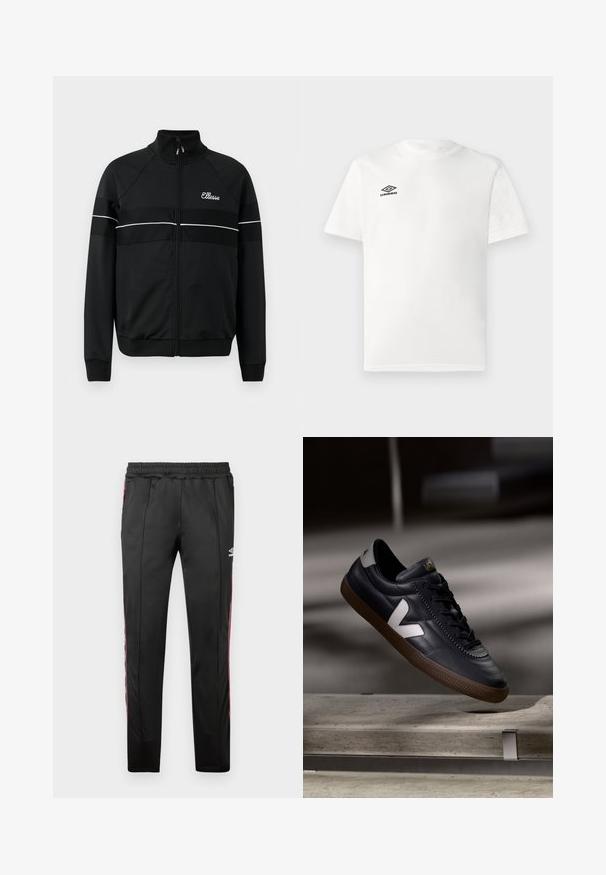 Schwarze Zip-up-Jacke aus glattem Stoff mit weißen horizontalen Streifen und einem Logo auf der Brust. Klassisches sportliches Design mit hochgeschlossenem Kragen.; Weißes T-Shirt mit kurzen Ärmeln und schwarzem Umbro-Logo auf der linken Brust, Rundhalsausschnitt, schlichtes Design, auf hellem Hintergrund präsentiert.; Schwarze Sporthose aus glattem Material mit roten Seitenstreifen, einem elastischen Bund und einem Logo auf dem oberen rechten Bein.; Schwarze Leder-Sneaker mit weißem V-Logo, Schnürung vorne, durchbrochene Details und brauner Gummisohle; schlankes Design mit minimalen Akzenten.