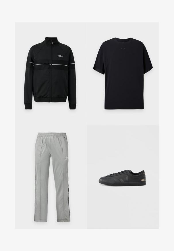 Schwarze Zip-up-Jacke aus glattem Stoff mit weißen horizontalen Streifen und einem Logo auf der Brust. Klassisches sportliches Design mit hochgeschlossenem Kragen.; Schwarzes T-Shirt mit kurzen Ärmeln aus leichtem Stoff, das einen Rundhalsausschnitt, Raglanärmel und ein dezentes Logo auf der Brust aufweist.; Hellgraue Umbro-Sporthose mit elastischem Bund und schwarz-weißen Seitenstreifen, präsentiert vor einem weißen Hintergrund.; Schwarze Ledersneaker mit strukturierter Oberfläche, runder Zehenpartie, Schnürverschluss und dezentem Branding an der Seite und Ferse.