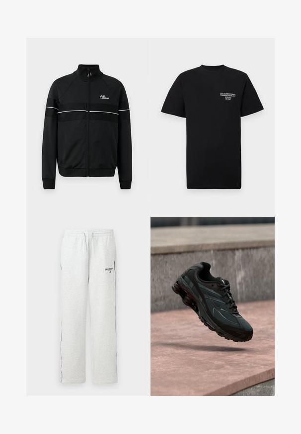 Chaqueta negra con cremallera en una tela suave, con franjas horizontales blancas y un logo en el pecho. Diseño deportivo clásico con cuello alto.; Camiseta de algodón negra con mangas cortas y cuello redondo, que presenta un logo impreso en blanco en el lado izquierdo del pecho. Textura suave, ajuste estándar.; Pantalones deportivos de New Balance de color gris claro con cintura elástica y ribete oscuro a lo largo de los lados exteriores de las piernas.; Zapatilla deportiva negra con entresuela visible con amortiguación de aire que flota sobre una superficie de piedra rosa con un fondo de pared de piedra gris.