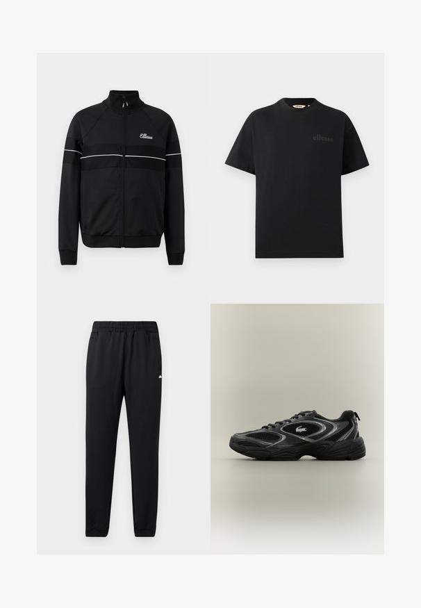 Veste noire zippée en tissu lisse, avec des rayures horizontales blanches et un logo sur la poitrine. Design sportif classique avec col montant.; T-shirt noir en coton avec un col rond standard et des manches courtes. Présente un logo en relief subtil sur la poitrine.; Pantalon de sport noir en tissu doux, avec une taille élastique, deux poches latérales et des ourlets resserrés pour un look ajusté.; Baskets de sport noires et grises avec des panneaux en mesh, un design à lacets, une semelle épaisse et un petit logo de crocodile sur le côté.