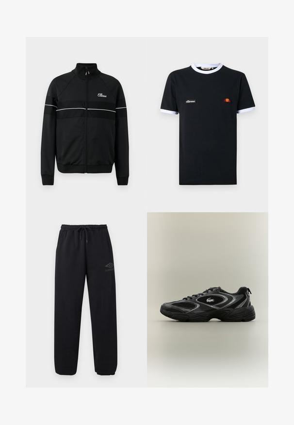 Schwarze Zip-up-Jacke aus glattem Stoff mit weißen horizontalen Streifen und einem Logo auf der Brust. Klassisches sportliches Design mit hochgeschlossenem Kragen.; Schwarzes T-Shirt mit kurzen Ärmeln und weißer Einfassung am Kragen und an den Ärmeln, mit einem kleinen "ellesse" Logo-Patch und einem halbkreisförmigen orange-roten Emblem.; Schwarze lässige Jogginghose mit elastischem Bund und Bündchen, Kordelzug, Seitentaschen und kleinem Umbro-Logo am rechten Oberschenkel.; Schwarzer und grauer Sportschuh mit Netzpaneelen, Schnürdesign, dicker Sohle und einem kleinen Krokodil-Logo an der Seite.