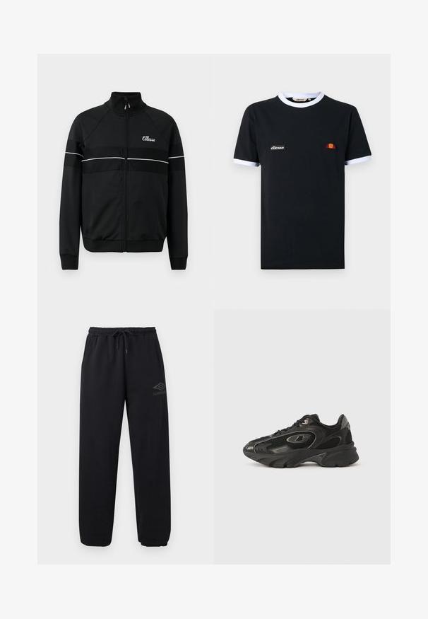 Schwarze Zip-up-Jacke aus glattem Stoff mit weißen horizontalen Streifen und einem Logo auf der Brust. Klassisches sportliches Design mit hochgeschlossenem Kragen.; Schwarzes T-Shirt mit kurzen Ärmeln und weißer Einfassung am Kragen und an den Ärmeln, mit einem kleinen "ellesse" Logo-Patch und einem halbkreisförmigen orange-roten Emblem.; Schwarze lässige Jogginghose mit elastischem Bund und Bündchen, Kordelzug, Seitentaschen und kleinem Umbro-Logo am rechten Oberschenkel.; Schwarze Sportsneaker mit Obermaterial aus Mesh und Synthetik, gebogener Sohle, gepolstertem Kragen und dezenten Logodetails. Strukturierte Details auf den Seitenpanelen.