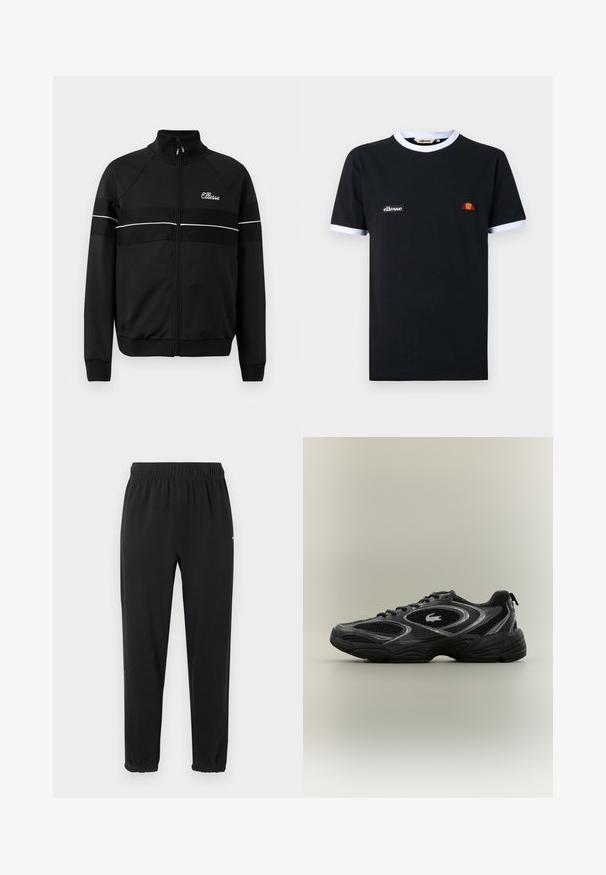 Chaqueta negra con cremallera en una tela suave, con franjas horizontales blancas y un logo en el pecho. Diseño deportivo clásico con cuello alto.; Camiseta negra de manga corta con ribete blanco en el cuello y las mangas, con un pequeño parche con el logo "ellesse" y un emblema en forma de media luna en tonos naranja y rojo.; Pantalones jogger con cintura elástica negra y puños elásticos, corte recto y sin adornos visibles, mostrados sobre un fondo claro.; Zapatilla deportiva negra y gris con paneles de malla, diseño de cordones, suela gruesa y un pequeño logo de cocodrilo en el costado.