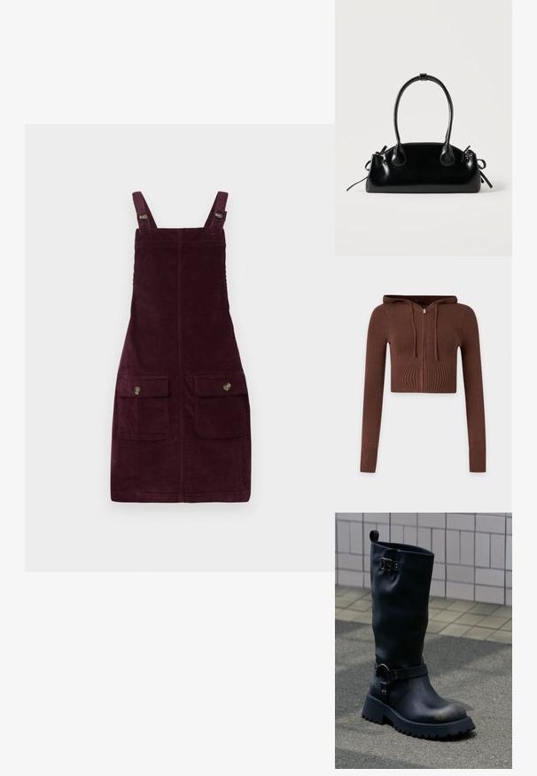 Sweat à capuche court en tricot marron avec manches longues, poignets côtelés et fermeture éclair devant sur fond uni.; Robe en velours côtelé de couleur bourgogne profond, avec des bretelles ajustables, des poches avant avec quincaillerie en métal et une coupe ajustée. Tissu texturé.; Botte en cuir noir mi-mollet avec semelle épaisse, boucle métallique près du sommet, et bride avec détail anneau au-dessus de la cheville, sur une surface pavée.; Petit sac à main noir brillant avec deux longues anses et des détails à cordon sur les côtés sur un fond clair uni.