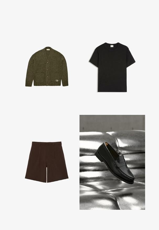 Mørkegrøn strikket cardigan med fire knapper, to forlommer, ribbede manchetter og kant, samt en lille broderet detalje på den nederste lomme.; En ensfarvet sort T-shirt med korte ærmer og rund hals lagt fladt ud, der viser fronten med synlige syninger og en hvid mærkeetiket indeni kraven.; Mørkebrune knælange skræddersyede shorts med bæltestropper og forreste læg, vist fladt på hvid baggrund.; Sort læderloafer svæver over en skinnende sølvfarvet, polstret lædersofa i et minimalistisk miljø.