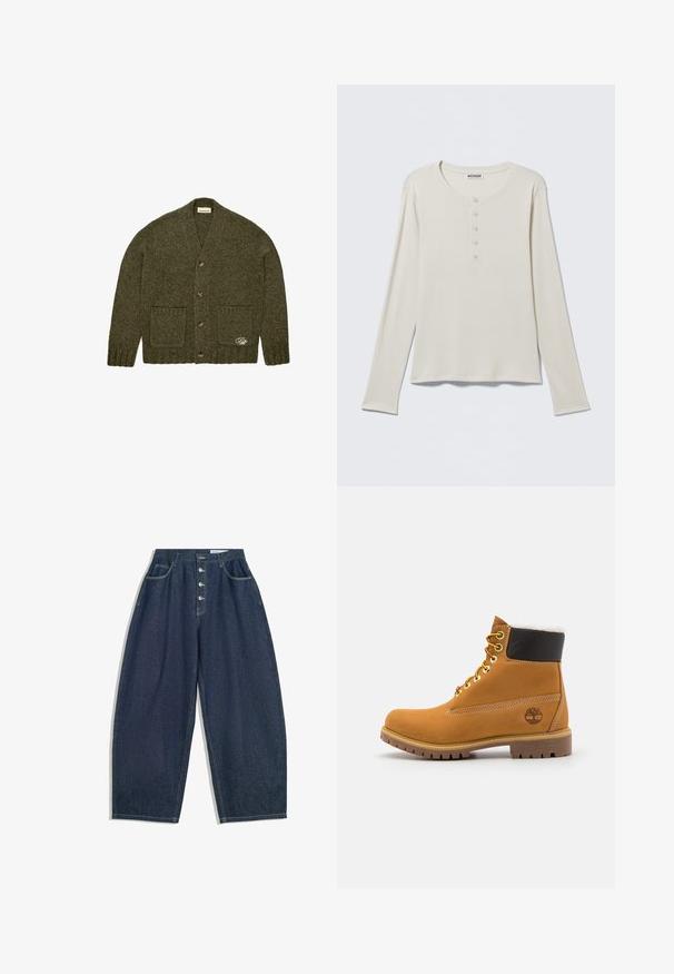 Cardigan en maille vert foncé avec quatre boutons, deux poches avant, des poignets et un ourlet côtelés, et un petit détail brodé sur la poche inférieure.; Chemise henley crème à manches longues avec col rond et patte à cinq boutons, étiquetée Weekday, posée à plat sur un fond neutre.; Pantalons en denim bleu foncé à jambes larges avec une taille haute, fermeture à cinq boutons et cinq poches. Présente des accents de couture sur les coutures.; Bottine en cuir brun avec œillets en métal, doublure en fourrure blanche, col rembourré noir, semelle robuste et logo en relief sur le côté.