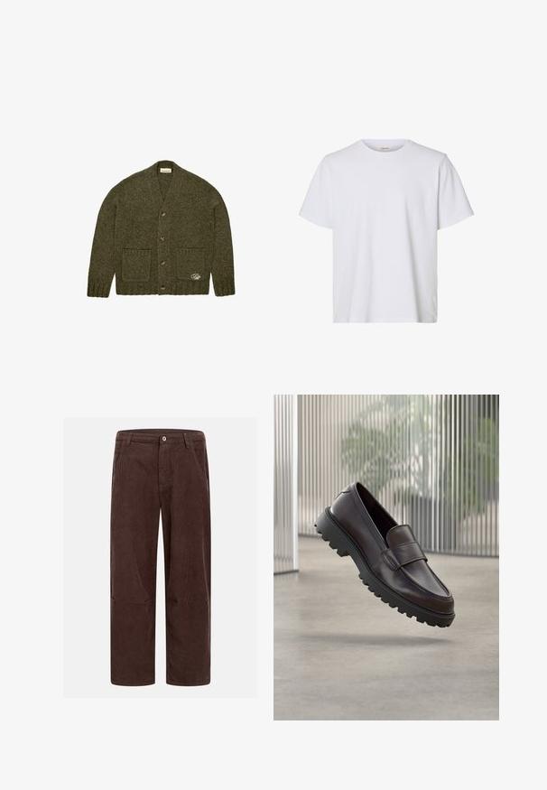 Mørkegrøn strikket cardigan med fire knapper, to forlommer, ribbede manchetter og kant, samt en lille broderet detalje på den nederste lomme.; Enkelt hvid kortærmet T-shirt med rund hals, almindelig pasform og glat stofstruktur, vist på en hvid baggrund.; Brune ribbet kordfløjlsbukser med lige pasform, der har lukning med knapper foran, sidelommer og ribbet tekstur.; Brun lædersko uden snørebånd med rundet tå og solid sort gummisål. Har en dekorativ rem hen over vristen.