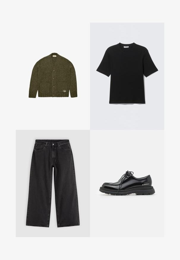 Mørkegrøn strikket cardigan med fire knapper, to forlommer, ribbede manchetter og kant, samt en lille broderet detalje på den nederste lomme.; Sort kortærmet T-shirt med rund hals og "WEEKDAY" mærke på indersiden af kraven, vist fladt på en lys baggrund.; Sorte denim jeans med vide ben, forlommer, bæltestropper og knaplukning, vist på en ensfarvet lys baggrund.; Sorte læder dressko med rund tå, tyk gummisål, snørebåndsdesign og markant syning langs kanten.