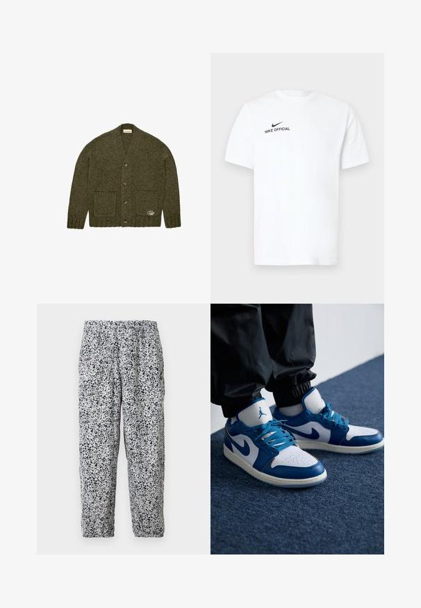Mørkegrøn strikket cardigan med fire knapper, to forlommer, ribbede manchetter og kant, samt en lille broderet detalje på den nederste lomme.; Hvid bomulds T-shirt med korte ærmer. Har en sort "Nike Official"-logo og en sort swoosh på venstre brystside.; Hvide bukser med elastik i taljen, sort ujævn plettet mønster og elastiske manchetter, der hænger mod en ensfarvet baggrund.; Nike Air Jordan sneakers har en hvid læderbase med blå syntetiske detaljer, en perforeret tåboks og blå snørebånd.