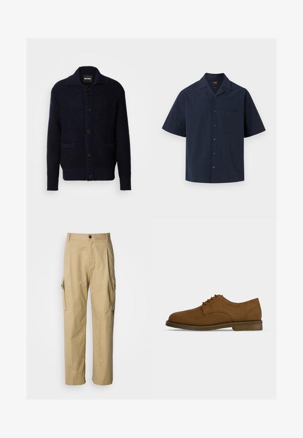 Cardigan tricoté marine avec grand col, fermeture par boutons et deux poches avant ; design texturé avec poignets et ourlet côtelés.; Chemise bleu marine foncé à manches courtes avec boutons, col pointu et poche poitrine sur un fond clair uni.; Pantalon cargo beige en tissu résistant, avec une coupe décontractée, des poches latérales et une fermeture par bouton à la taille.; Chaussure derby en daim marron avec lacets à l'avant et semelle épaisse texturée vue de côté sur un fond gris clair uni.