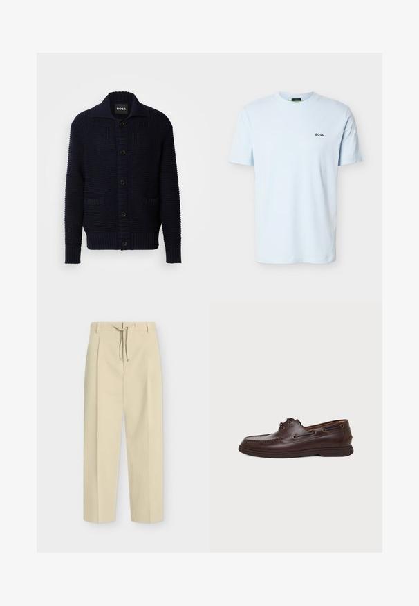 Cardigan tricoté marine avec grand col, fermeture par boutons et deux poches avant ; design texturé avec poignets et ourlet côtelés.; T-shirt bleu clair à manches courtes et col rond avec un petit logo noir "BOSS" sur le côté gauche de la poitrine.; Pantalon beige droit avec passants pour ceinture et nouage à l'avant, présentant un design épuré et ajusté ainsi qu'un tissu texturé.; Chaussure bateau en cuir marron foncé avec œillets pour lacets, couture moc toe et semelle plate en caoutchouc sur un fond clair uni.
