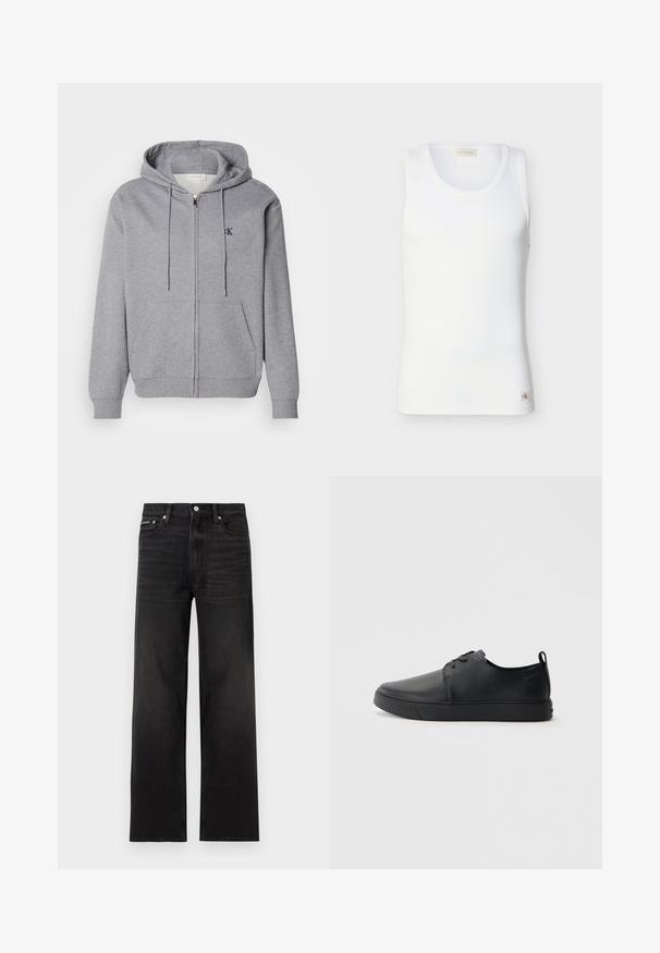 Grijze zip-up hoodie gemaakt van zachte stof, met een capuchon, trekkoorden, twee voorzakken en een klein zwart logo op de borst.; Witte geribbelde mouwloze tanktop met ronde halslijn en een klein Calvin Klein-logo labeltje bij de zoom op een effen achtergrond.; Zwarte jeans met rechte pijpen, vijf zakken, riemlussen en knoopsluiting, weergegeven op een witte achtergrond.; Zwarte leren sneaker met een gladde afwerking, ronde neus, tonale stiknaden, vetersluiting aan de voorkant en een vlakke rubberen zool. Lussje aan de hak.