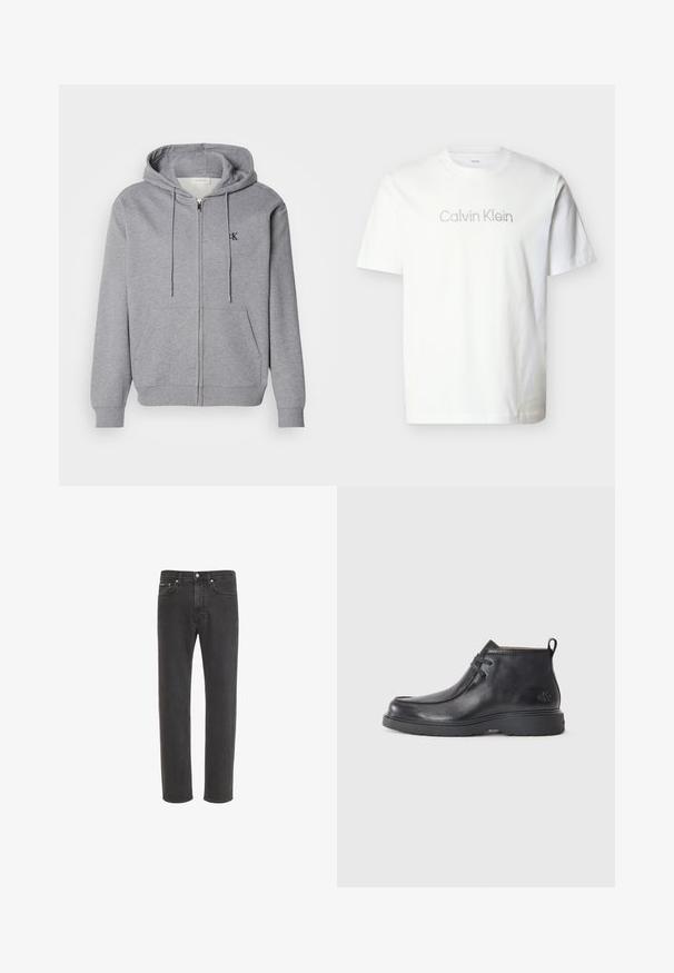 Hall näoga kapuutsiga hall fliisist jope, millel on toed, kaks esist taskut ja väike must logo rinnal.; Valge lühikeste varrukatega puuvillane t-särk, millel on minimalistliku kirjastiiliga hall "Calvin Klein" logo rinnal.; Mustad sirge lõikega teksapüksid ees nööpide ja tõmblukuga sulgemisega, ees- ja tagataskutega, valgel taustal.; Mustad nahkjalatsid, ümarate varvastega, nöörimisega disain ja taga tõmbeosa. Tekstuuriga pealisosa ja kummist tald.