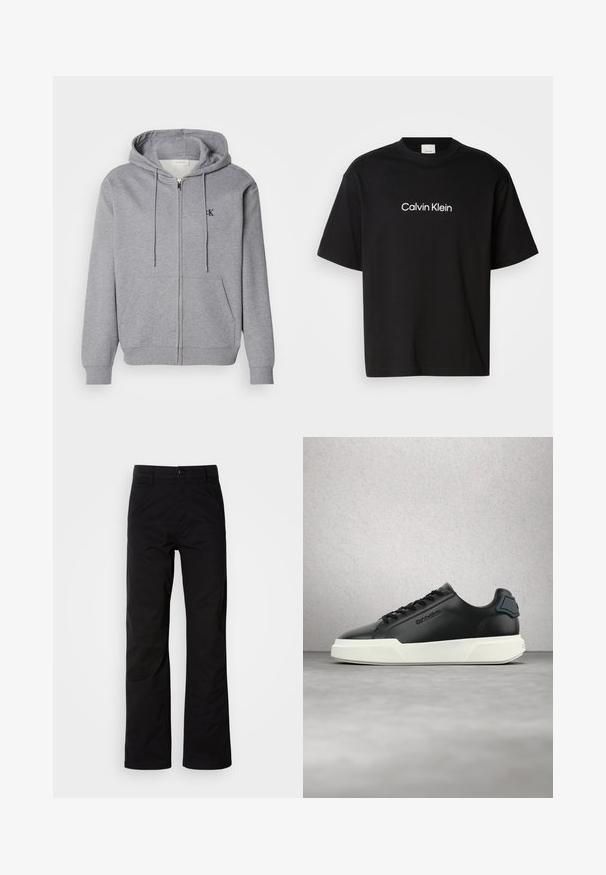 Hall näoga kapuutsiga hall fliisist jope, millel on toed, kaks esist taskut ja väike must logo rinnal.; Must musta T-särk lühikeste varrukatega, mille ees on valge "Calvin Klein" logo ja klassikaline ümmargune kaelus.; Mustad puuvillased püksid sirge jala lõikega, varustatud nööpkinni ja vöökonksudega. Sile tekstuur ja minimalistlik stiil ilma nähtavate mustriteta.; Mustast nahast spordijalats valge tallaga, mustade paeltega ja reljeefse logoga, mis näib hõljuvat halli põranda kohal, taga klaasplokkidega sein.