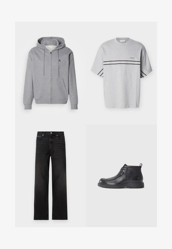 Grå zip-up hoodie lavet af blødt stof, med hætte, snoretræk, to forlommer og et lille sort logo på brystet.; Grå bomulds t-shirt med korte ærmer, med to sorte vandrette striber og et lille logo på brystet. Klassisk rund halsudskæring.; Sorte jeans med lige ben, fem-lomme design, bæltestropper og knaplukning, vist på en hvid baggrund.; Sorte læder ankelstøvler med rund tå, snørelukning og en løkke bagpå. Tekstureret overdel og gummisål.