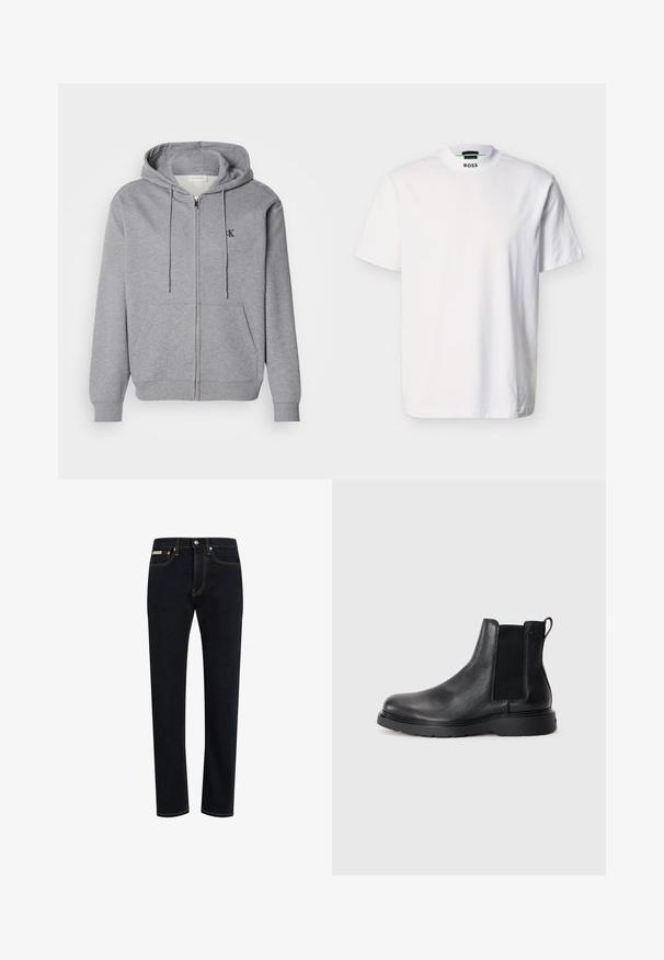 Grå zip-up hoodie lavet af blødt stof, med hætte, snoretræk, to forlommer og et lille sort logo på brystet.; Hvid kortærmet T-shirt lavet af bomuld, med rund halsudskæring og et trykt mærkelogo ved kraven. Glat tekstur, enkelt design.; Mørkeblå denim jeans med lige pasform, synlig syning i en kontrastfarve af orange og et klassisk fem-lomme design.; Sorte læder chelsea støvler med tekstureret finish, elastiske sidepaneler og en robust gummisål. Subtil branding på hælen.