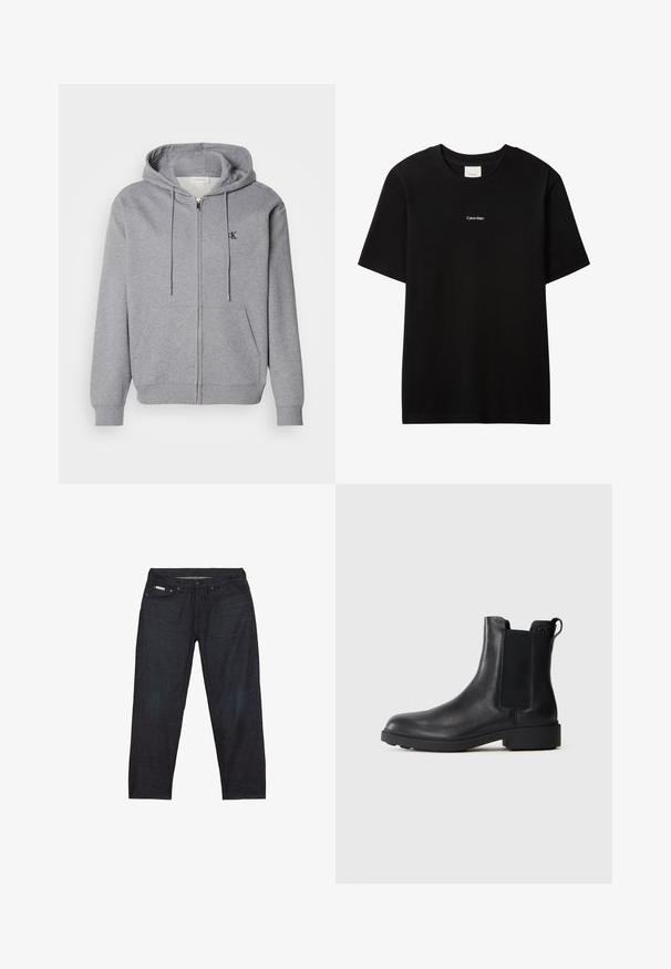 Grå zip-up hoodie lavet af blødt stof, med hætte, snoretræk, to forlommer og et lille sort logo på brystet.; Sort bomulds-T-shirt med rund hals og korte ærmer. Har en lille hvid "Calvin Klein"-logo på forsiden. Glat, klassisk pasform.; Mørkeblå denimjeans med et lige ben, der har fem lommer og minimal syning for et rent udseende.; Sort læder ankelstøvle med elastiske sidepaneler, træksnor ved hælen og lav bloksål mod en ensfarvet baggrund.