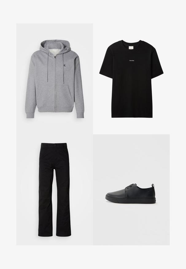 Grijze zip-up hoodie gemaakt van zachte stof, met een capuchon, trekkoorden, twee voorzakken en een klein zwart logo op de borst.; Zwart katoenen T-shirt met een ronde hals en korte mouwen. Voorzien van een klein wit "Calvin Klein" logo op de voorkant. Glad oppervlak, klassieke pasvorm.; Zwarte katoenen broek met een recht design, voorzien van een knoopsluiting en riemlussen. Gladde textuur en minimalistische stijl zonder zichtbare patronen.; Zwarte leren sneaker met een gladde afwerking, ronde neus, tonale stiknaden, vetersluiting aan de voorkant en een vlakke rubberen zool. Lussje aan de hak.