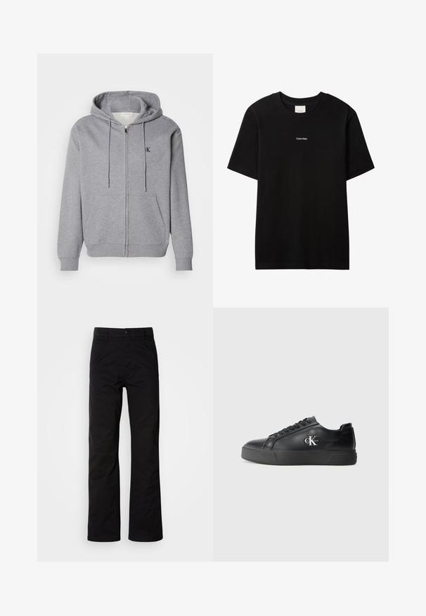 Grå zip-up hoodie lavet af blødt stof, med hætte, snoretræk, to forlommer og et lille sort logo på brystet.; Sort bomulds-T-shirt med rund hals og korte ærmer. Har en lille hvid "Calvin Klein"-logo på forsiden. Glat, klassisk pasform.; Sort bomuldsbukser med lige ben, der har knaplukning og bæltestropper. Glat tekstur og minimalistisk stil uden synlige mønstre.; Sort læder sneaker med rund tå, flad sort sål og tonalt snørebånd. Har et sølvlogo på siden og en glat tekstur hele vejen igennem.