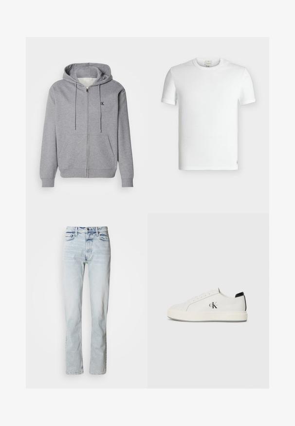 Grå zip-up hoodie lavet af blødt stof, med hætte, snoretræk, to forlommer og et lille sort logo på brystet.; Enkel hvid kortærmet ribstrikket bomuld T-shirt med rund halsudskæring og et lille påsyet mærke nær bundkanten.; Lyseblå denimjeans med lige snit, slidte detaljer, fem-lomme-design og klassisk knaplukning i taljen.; Hvide lædersneakers med rund tå, flad gummisål og sort hælaccent. Har et fremtrædende sort Calvin Klein-logo på siden.