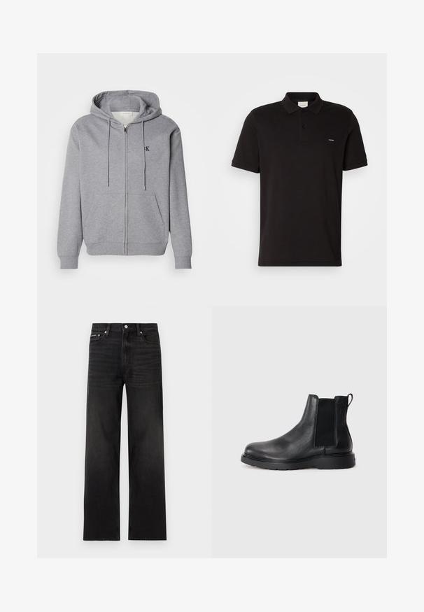 Grå zip-up hoodie lavet af blødt stof, med hætte, snoretræk, to forlommer og et lille sort logo på brystet.; Sort bomulds polo-shirt med klassisk krave, to knapper foran og et lille logo på venstre bryst. Korte ærmer og lige kant.; Sorte jeans med lige ben, fem-lomme design, bæltestropper og knaplukning, vist på en hvid baggrund.; Sorte læder chelsea støvler med tekstureret finish, elastiske sidepaneler og en robust gummisål. Subtil branding på hælen.