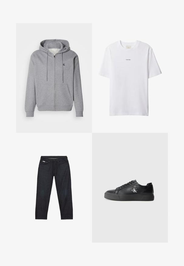 Grijze zip-up hoodie gemaakt van zachte stof, met een capuchon, trekkoorden, twee voorzakken en een klein zwart logo op de borst.; Witte katoenen T-shirt met een ronde hals en korte mouwen. Heeft een klein zwart "Calvin Klein"-logo in het midden van de borst.; Donkerblauwe spijkerbroek met rechte pijpen, voorzien van vijf zakken en minimale stikseldetails voor een strakke uitstraling.; Zwarte leren sneaker met een ronde neus, vlakke zwarte zool en tonale veters. Voorzien van een zilveren logo aan de zijkant, met een gladde textuur overal.