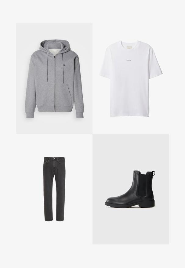 Grå zip-up hoodie lavet af blødt stof, med hætte, snoretræk, to forlommer og et lille sort logo på brystet.; Hvid bomuld t-shirt med rund hals og korte ærmer. Har en lille sort "Calvin Klein"-logo centreret på brystet.; Sorte jeans med lige ben i denim med knap- og lynlås-lukning foran, for- og baglommer, vist på hvid baggrund.; Sort læder ankelstøvle med elastiske sidepaneler, træksnor ved hælen og lav bloksål mod en ensfarvet baggrund.