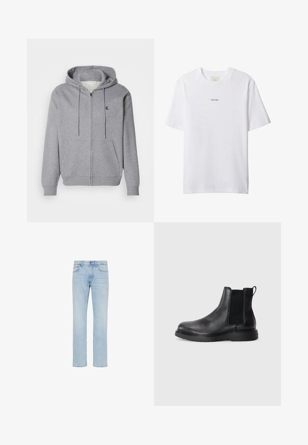 Sudadera con cremallera gris hecha de una tela suave, con capucha, cordones, dos bolsillos frontales y un pequeño logo negro en el pecho.; Camiseta blanca de algodón con cuello redondo y mangas cortas. Cuenta con un pequeño logo negro de "Calvin Klein" centrado en el pecho.; Vaqueros de mezclilla azul claro de pierna recta con botón delantero, cierre de cremallera y diseño de cinco bolsillos, mostrados sobre fondo blanco.; Botas Chelsea de cuero negro con acabado texturizado, paneles laterales elásticos y una suela de goma resistente. Marca sutil en el talón.