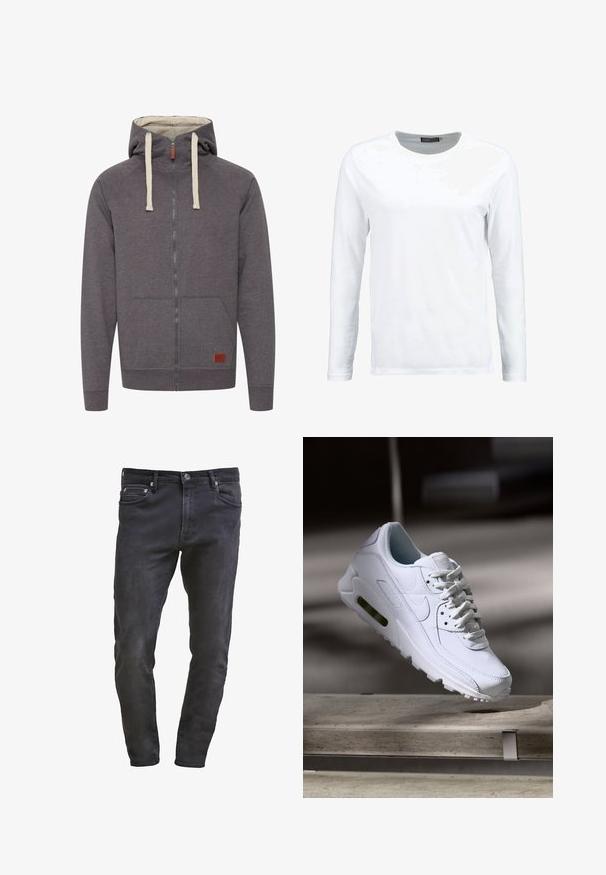 Hoodie zippé gris avec capuche à cordon, poches kangourou et poignets côtelés. Présente une petite étiquette en cuir de marque à l'avant.; T-shirt blanc à manches longues en coton, avec un col rond et une texture lisse. Sans motifs ni accents. Design simple.; Jean en denim noir slim-fit avec design à cinq poches, fermeture éclair et décoloration subtile. Texture lisse avec une finition en dégradé foncé.; Baskets blanches en cuir avec des surfaces texturées, un col rembourré et un amorti d'air visible dans la semelle. Elles possèdent des lacets et un design minimaliste.