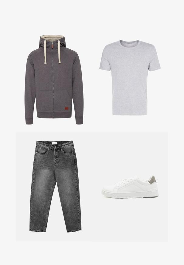 Hoodie zippé gris avec capuche à cordon, poches kangourou et poignets côtelés. Présente une petite étiquette en cuir de marque à l'avant.; T-shirt en coton gris avec un col rond, des manches courtes et un design sobre, offrant une texture douce et lisse sans motifs ni embellissements visibles.; Jean noir délavé à jambe droite avec poches avant et arrière, passants de ceinture et bouton de fermeture à la taille.; Basket blanche en cuir lisse, à bout arrondi, design minimaliste, accent de talon gris et semelle en caoutchouc texturé.