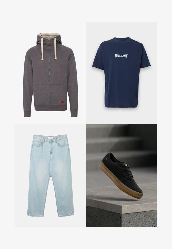 Grijze ritshoodie met een trekkoordcapuchon, kangoeroezakken en geribde manchetten. Heeft een klein leren merkteken aan de voorkant.; Marineblauw T-shirt met korte mouwen en het "New Balance"-logo in het wit gecentreerd op de borst.; Lichtblauwe denim jeans met een relaxte fit, vijf zakken, een knoopsluiting en subtiele vervaging. De textuur is glad en licht versleten.; Zwarte casual veter schoen met bruine zool zwevend boven een betonnen rand met vervaagde trap op de achtergrond.