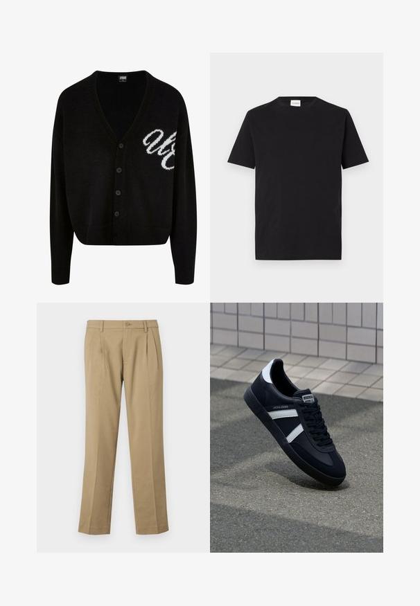 Schwarze Strickjacke mit V-Ausschnitt, Knopfverschluss und gerippten Bündchen. Bestickte weiße Schriftzüge auf der linken Seite, cropped Fit.; Schwarzes Baumwoll-T-Shirt mit Rundhalsausschnitt und kurzen Ärmeln. Hat einen geraden Schnitt und ein minimalistisches Design, mit einem sichtbaren Etikett am Kragen.; Helle Hosen aus glattem Stoff, mit zwei vorderen Falten, einem Knopfverschluss und geraden Beinen mit einem sauberen Saum.; Schwarze Leder-Sneaker mit weißen Streifen, strukturiertem Gummisohle und Schnürung. Verfügt über ein Markenetikett auf der Zunge.