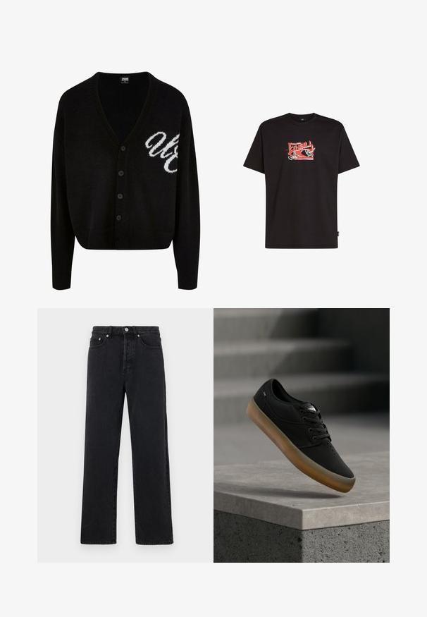 Schwarze Strickjacke mit V-Ausschnitt, Knopfverschluss und gerippten Bündchen. Bestickte weiße Schriftzüge auf der linken Seite, cropped Fit.; Schwarzes Baumwoll-T-Shirt mit einem rot-weißem Grafikdruck und dem Text "O'Neill" sowie abstrakten Designs auf der Vorderseite. Kurzärmlig, Rundhalsausschnitt.; Schwarze Jeans mit geradem Bein und hohem Bund, fünf Taschen und Metallknopfverschluss. Der Stoff hat eine glatte Textur und einen leichten Glanz.; Schwarzer lässiger Schnürschuh mit brauner Sohle, der über einer Betonbrüstung schwebt, mit unscharfen Treppen im Hintergrund.
