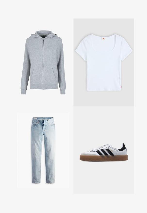 Hoodie zippé gris en tissu doux et texturé. Il dispose d'une capuche avec cordon de serrage et de deux poches avant. Les poignets et l'ourlet sont côtelés.; Haut blanc à manches courtes avec un décolleté carré, fabriqué en tissu à texture côtelée. Présente une petite étiquette logo rouge en bas à gauche.; Jean en denim bleu clair avec une coupe droite, cinq poches et des fermetures à boutons métalliques sur une ceinture standard.; Baskets en cuir blanc avec des rayures noires, semelle extérieure en caoutchouc beige, bout rond, fermeture lacée et embout en suède gris doux.