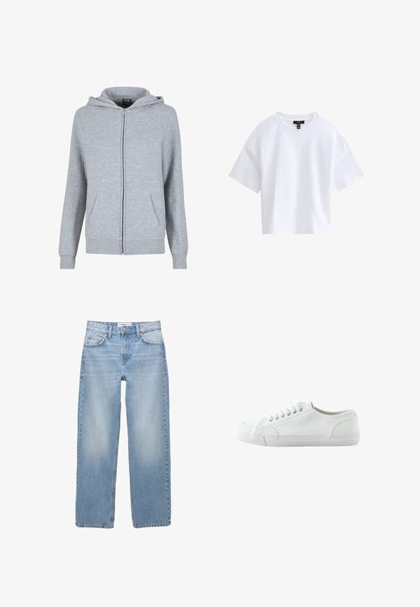 Grå zip-up hættetrøje lavet af blødt, tekstureret stof. Har en hætte med snoretræk og to forlommer. Mansjetter og kant er ribbede.; Simpel hvid kortærmet crop top med rund halsudskæring og sort mærke indeni kraven.; Lyseblå denimbukser med lige ben, fem-pockets stil og synlige syninger. Stofmaterialet har en blød, let falmet tekstur.; Hvid lavtop canvas-sneaker med snørebånd foran, gummisål og struktureret tåhætte, vist fra ydersiden mod en hvid baggrund.
