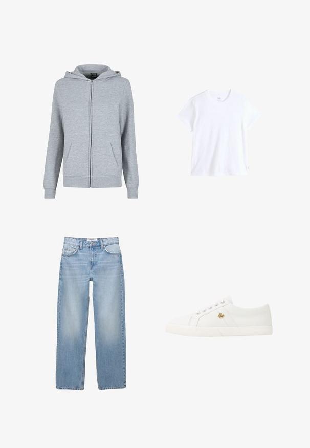 Grijze zip-up hoodie van zacht, textuurstof. Beschikt over een capuchon met trekkoord en twee voorzakken. De manchetten en de zoom zijn geribbeld.; Wit katoenen t-shirt met korte mouwen, ronde hals en rechte zoom. Heeft een klein rood logotag aan de linkeronderzijde.; Lichtblauwe denim jeans met een recht model, vijf zakken en zichtbare stiksels. De stof heeft een zachte, iets vervaagde textuur.; Lauren Ralph Lauren JANSON II CANVAS SNEAKER - Sneakers laag - optic white