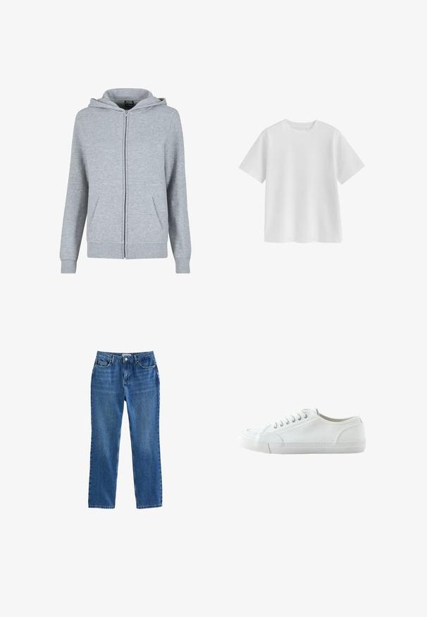 Grijze zip-up hoodie van zacht, textuurstof. Beschikt over een capuchon met trekkoord en twee voorzakken. De manchetten en de zoom zijn geribbeld.; Effen witte T-shirt met korte mouwen en ronde hals, regular fit en een gladde stoftextuur op een witte achtergrond.; Blauwe denim jeans met rechte pijpen, met knopen en ritssluiting aan de voorkant, vijf zakken en riemlussen, afgebeeld op een effen witte achtergrond.; Witte lage canvas sneaker met vetersluiting aan de voorkant, rubberen zool en een getextureerde neuskap, weergegeven vanaf de buitenkant op een witte achtergrond.