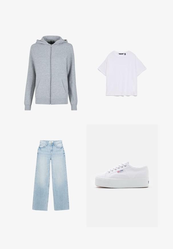 Hoodie zippé gris en tissu doux et texturé. Il dispose d'une capuche avec cordon de serrage et de deux poches avant. Les poignets et l'ourlet sont côtelés.; T-shirt blanc uni en coton à manches courtes et col rond, vue à plat sur fond blanc.; Jean large à lavage clair en denim. Caractérisé par une taille haute, cinq poches et une fermeture éclair avec bouton. Texture légèrement usée.; Baskets en toile blanches avec une épaisse semelle plateforme blanche, bout rond et œillets en métal pour les lacets. Logo de la marque affiché sur le côté.