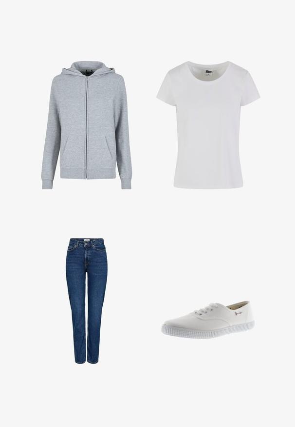 Grijze zip-up hoodie van zacht, textuurstof. Beschikt over een capuchon met trekkoord en twee voorzakken. De manchetten en de zoom zijn geribbeld.; Witte, korte mouwen t-shirt gemaakt van katoen. Heeft een ronde hals en een slim-fit vorm. Etiket zegt "URBAN CLASSICS."; Donkerblauwe spijkerbroek met rechte pijpen, hoge taille, vijf zakken, lichte stiksels en een subtiele textuur.; Witte canvas sneakers met ronde neus, vetersluiting, gestructureerde rubberen zool en subtiele merkaanduiding. Glad stoffen afwerking.