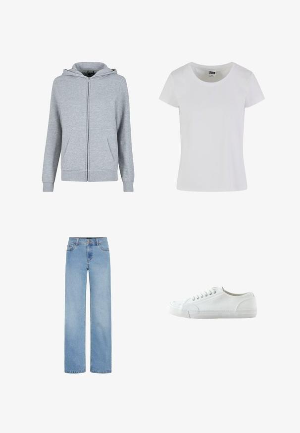 Grijze zip-up hoodie van zacht, textuurstof. Beschikt over een capuchon met trekkoord en twee voorzakken. De manchetten en de zoom zijn geribbeld.; Witte, korte mouwen t-shirt gemaakt van katoen. Heeft een ronde hals en een slim-fit vorm. Etiket zegt "URBAN CLASSICS."; Lichtblauwe, wijde jeans gemaakt van denim. Voorzien van een standaard tailleband, voorzakken en een ritssluiting met knoopsluiting.; Witte lage canvas sneaker met vetersluiting aan de voorkant, rubberen zool en een getextureerde neuskap, weergegeven vanaf de buitenkant op een witte achtergrond.