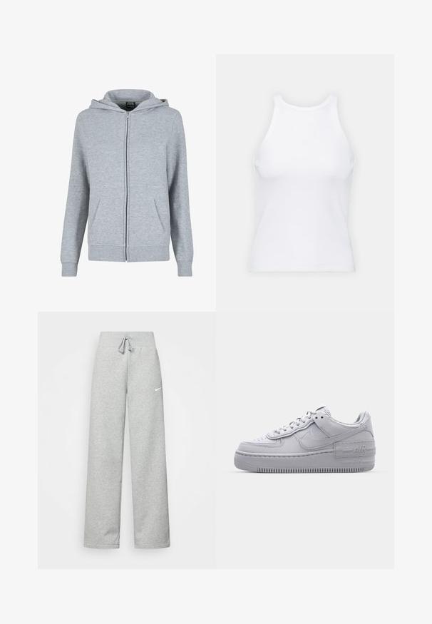 Grå zip-up hættetrøje lavet af blødt, tekstureret stof. Har en hætte med snoretræk og to forlommer. Mansjetter og kant er ribbede.; Hvid ærmeløs tanktop lavet af ribbet stof, med en rund halsudskæring og en tætsiddende silhuet, med minimale sømme og ingen pynt.; Grå sweatpants med elastisk talje, snor detaljer og et lille hvidt Nike-logo på venstre lår. Blødt stof, løs pasform.; Grå Nike Air Force 1 sneakers med perforeret tå, glat læderoverdel, tyk sål og præget 'AIR' detalje på hælen.