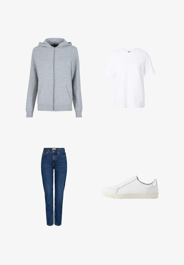 Grijze zip-up hoodie van zacht, textuurstof. Beschikt over een capuchon met trekkoord en twee voorzakken. De manchetten en de zoom zijn geribbeld.; Effen witte T-shirt met korte mouwen en een ronde hals, een losse pasvorm en een klein label aan de binnenkant van de kraag.; Donkerblauwe spijkerbroek met rechte pijpen, hoge taille, vijf zakken, lichte stiksels en een subtiele textuur.; Witte lage leren sneaker met rits aan de zijkant, beige voering en off-white rubberen zool, gezien vanaf de buitenkant.