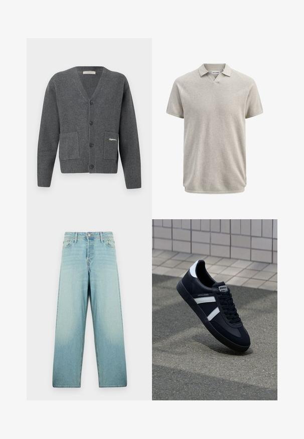 Grijze cardigan van gebreide stof, met een V-hals, zes knopen, twee voorzakken en geribbelde boorden en zoom.; Beige poloshirt met korte mouwen en structuur, voorzien van een kraag en een lichte V-hals, met het label Jack & Jones.; Lichtblauwe wijde denim jeans met een vervaagde was. Voorzien van een voorste knoopsluiting en een vijf-pocketontwerp.; Zwarte leren sneaker met witte strepen, een gestructureerde rubberen zool en vetersluiting aan de voorkant. Voorzien van een merklabel op de tong.
