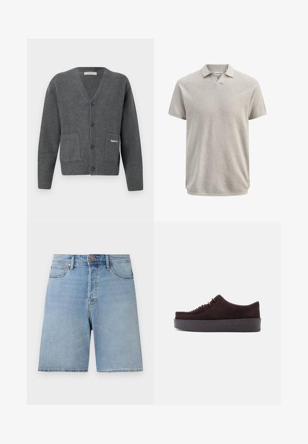 Grå cardigan lavet af strikket stof, med V-hals, seks knapper, to forlommer og ribstrik på ærmekanterne og kanten.; Kortærmet beige tekstureret polo med krave og let V-formet halsudskæring, mærket Jack & Jones.; Lyseblå denimshorts med knaplukning foran, bæltestropper, forlommer og en lige pasform over knæet på en neutral baggrund.; Mørkebrun mokkasinsko med kraftig, struktureret sål og fletdetalje på toppen, vist i profil mod en ensartet, lys baggrund.
