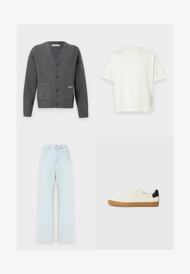 Cardigan gris en tissu tricoté, avec un col en V, six boutons, deux poches avant et des poignets et un ourlet côtelés.; T-shirt blanc uni à manches courtes, coupe ample et col rond, présenté sur un fond gris clair.; Jeans en denim bleu clair avec une silhouette à jambe droite, cinq poches, une fermeture à bouton et des détails de couture minimalistes.; Sneaker en toile blanche avec une semelle en gomme, accent au talon noir, bout rond et design à lacets. Présente le logo de la marque en doré sur le côté.