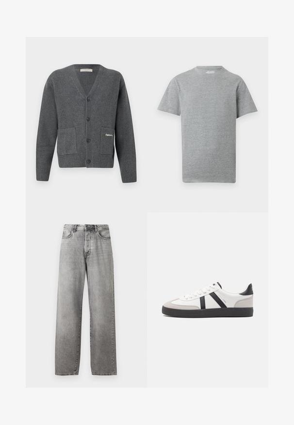 Grijze cardigan van gebreide stof, met een V-hals, zes knopen, twee voorzakken en geribbelde boorden en zoom.; Effen grijs T-shirt met korte mouwen en een ronde hals, met een klein wit "ONLY & SONS" label aan de binnenkant van de kraag.; Grijze wijde spijkerbroek van denim. Heeft een hoge taille, vijf zakken en een knoop- en ritssluiting. Subtiele vervaging over de stof.; Witte sneaker met zwarte en grijze accenten, voorzien van een grijze neus met textuur, zwarte rubberen zool en platte witte veters. Schoon ontwerp, minimalistische stijl.
