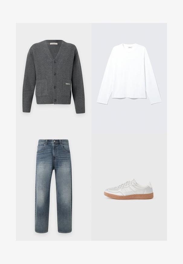 Grijze cardigan van gebreide stof, met een V-hals, zes knopen, twee voorzakken en geribbelde boorden en zoom.; Effen wit shirt met lange mouwen en een ronde hals, met een losse pasvorm en een zichtbaar merketiket bij de kraag, plat gelegd op een lichte achtergrond.; Lichtblauwe denim jeans met een rechte snit, voorzien van vijf zakken, een ritssluiting en subtiele vervaging op de pijpen. Afgewerkt met stikaccenten.; Zilveren sneakers met een gladde textuur, vetersluiting, geperforeerde accenten en een gestructureerde bruine rubberen zool.