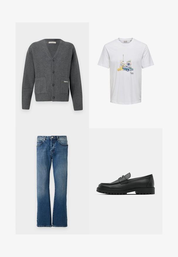Γκρίζο cardigan από πλεκτό ύφασμα, με V-λαιμό, έξι κουμπιά, δύο μπροστινές τσέπες και ριμπ μανσέτες και στρίφωμα.; Λευκό μπλουζάκι με εκτύπωση του Πύργου του Άιφελ, παλιό αυτοκίνητο, πορτοκαλί ποτό με λουλούδι και το κείμενο "Parisien Lifestyle" στο κέντρο μπροστά.; Ανοιχτό μπλε τζιν παντελόνι με ίσια γραμμή, που διαθέτει πέντε τσέπες, κλείσιμο με κουμπί και διακριτική φθορά στο ύφασμα.; Μαύρα δερμάτινα λουστρίνια με στρογγυλή μύτη, που διαθέτουν ραμμένο σχέδιο, χαμηλή πλατφόρμα και υφή με λαστιχένια σόλα με προεξοχές.